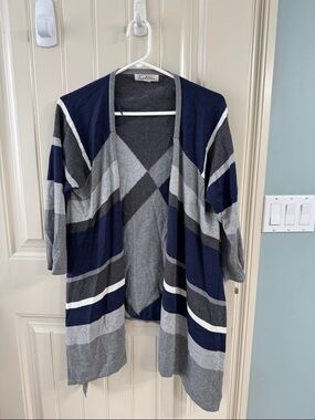 Open-Front Navy and Gray Striped Cardigan Sweater